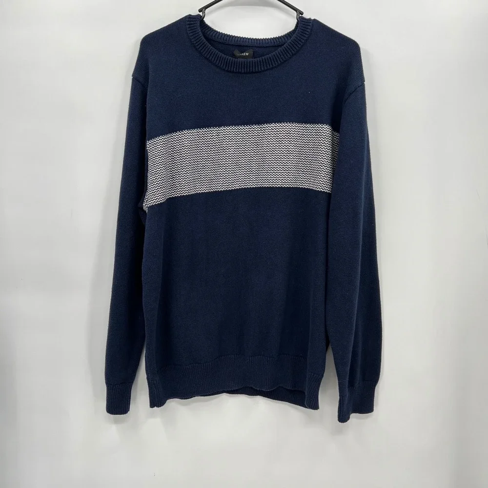 J. Crew XL Sweater Mens Navy Blue Striped‎ Crewneck Long Sleeve Knit Pullover